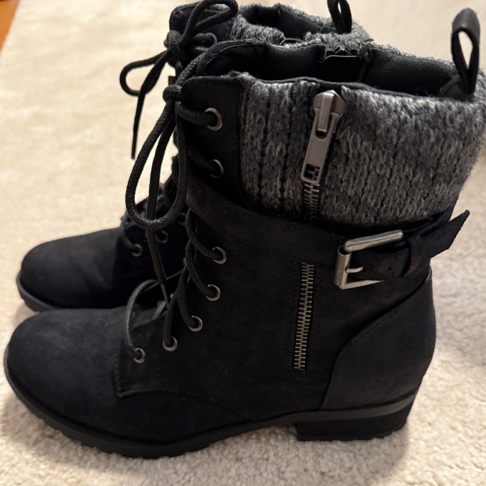 Skechers Black and Gray Combat Moto Boots with Buckle Detail